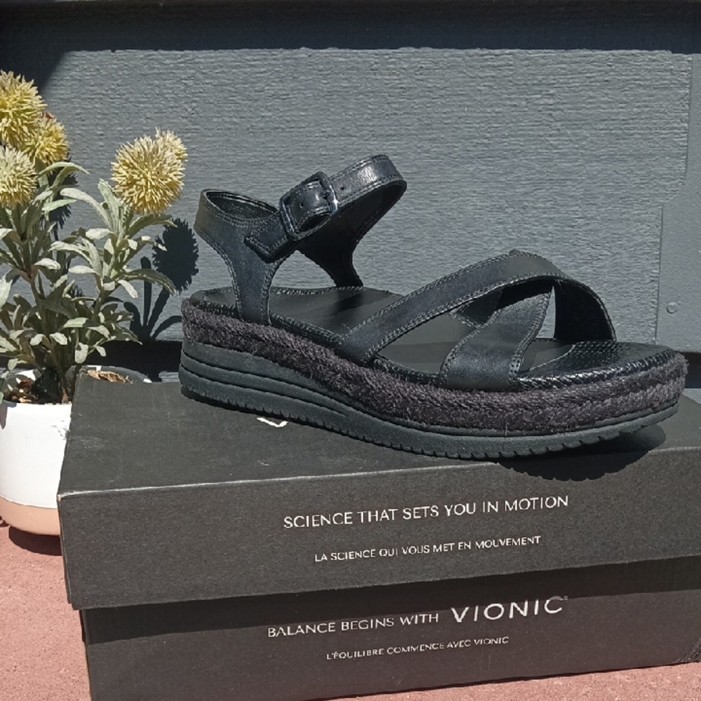Vionic Black Sandals with Cross-Over Straps and Ankle Buckle